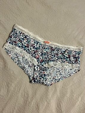 Marks & Spencer Navy Floral Lace-Trim Hipster Panty with Pink & Teal Accents